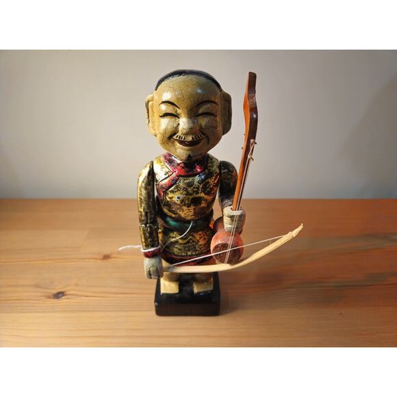 Vintage Asian Wooden Musician Figure – Hand-Painted Gold Lacquer - Picture 1 of 8
